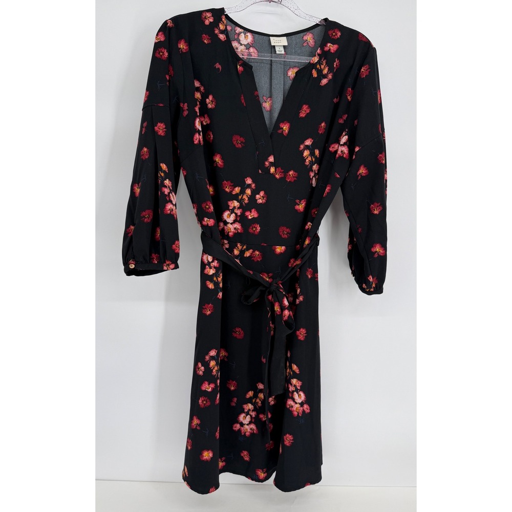 A New Day Womens Black Floral V-Neck Tie Waist 3/4 Sleeve Dress Sz L